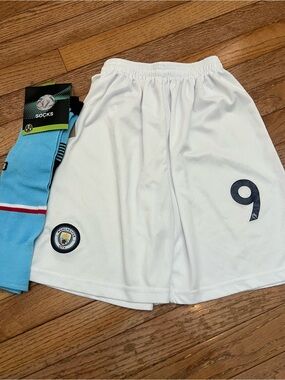Manchester City Boys White Soccer Shorts #9 Haaland and socks Fits YM